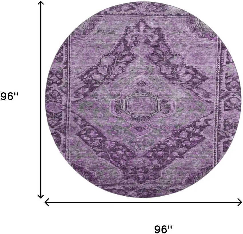 8' Eggplant And Gray Oriental Washable Round Rug With UV Protection Photo 9