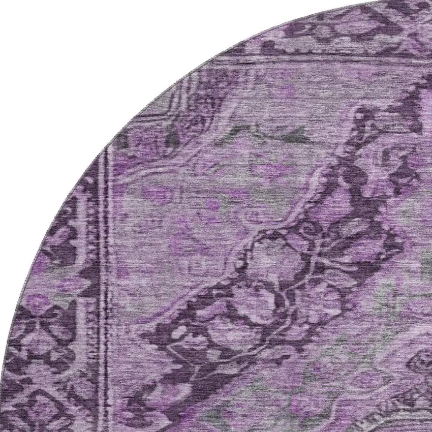 8' Eggplant And Gray Oriental Washable Round Rug With UV Protection Photo 3
