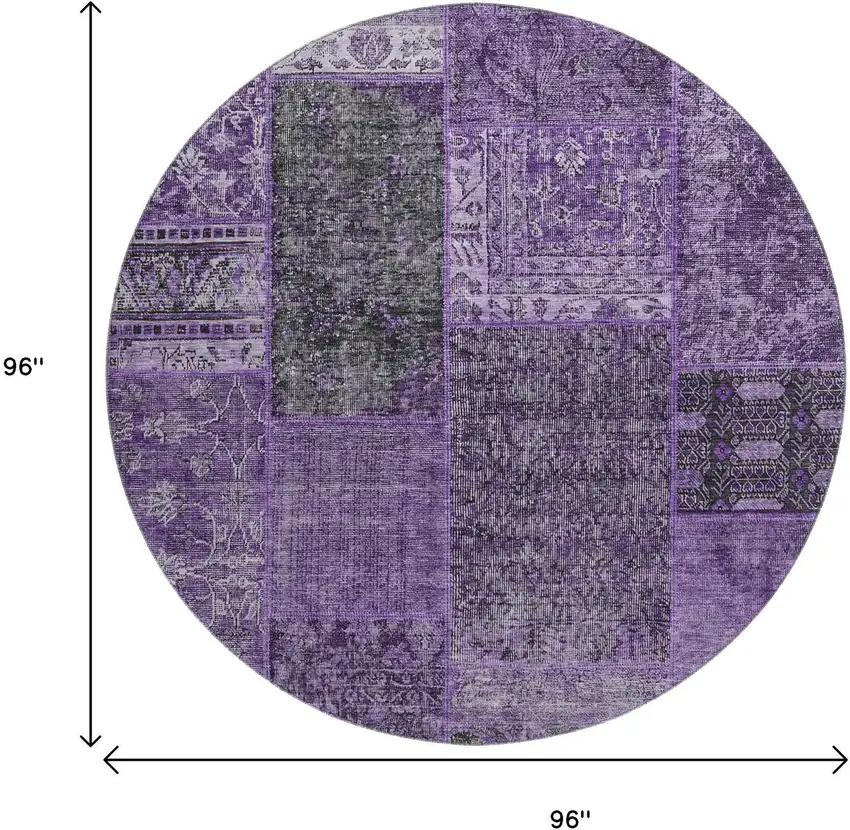 8' Eggplant And Gray Patchwork Washable Round Rug With UV Protection Photo 3