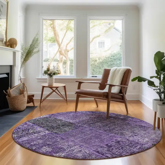 8' Eggplant And Gray Patchwork Washable Round Rug With UV Protection Photo 5
