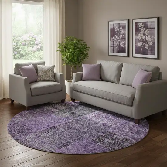 8' Eggplant And Gray Patchwork Washable Round Rug With UV Protection Photo 1