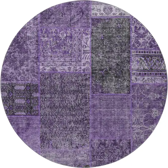 8' Eggplant And Gray Patchwork Washable Round Rug With UV Protection Photo 4
