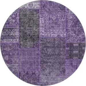 Photo of 8' Eggplant And Gray Patchwork Washable Round Rug With UV Protection
