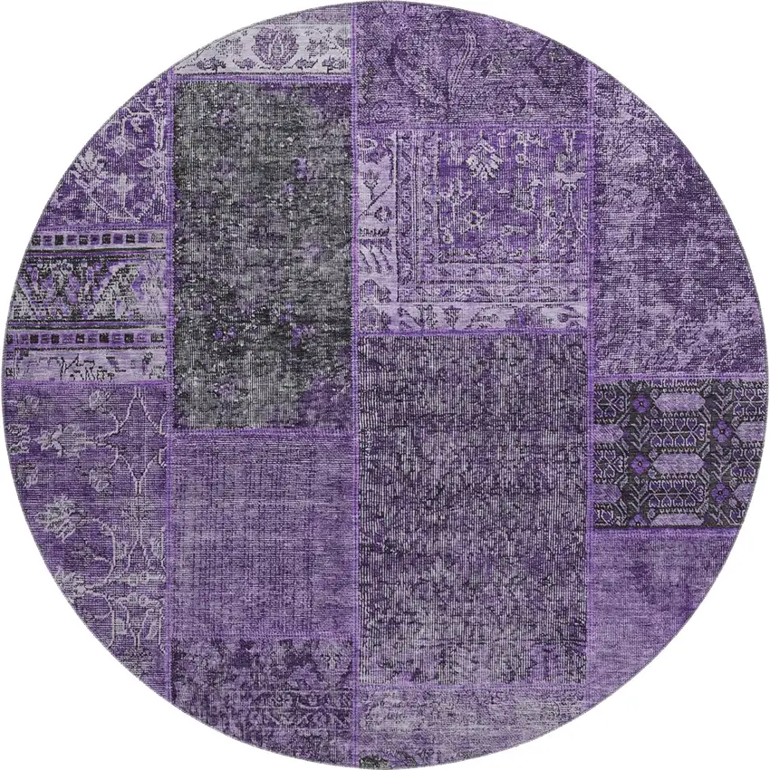 8' Eggplant And Gray Patchwork Washable Round Rug With UV Protection Photo 1
