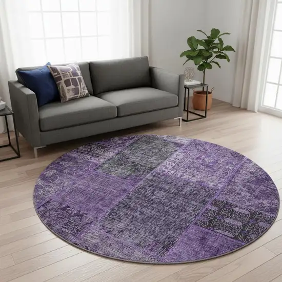 8' Eggplant And Gray Patchwork Washable Round Rug With UV Protection Photo 2