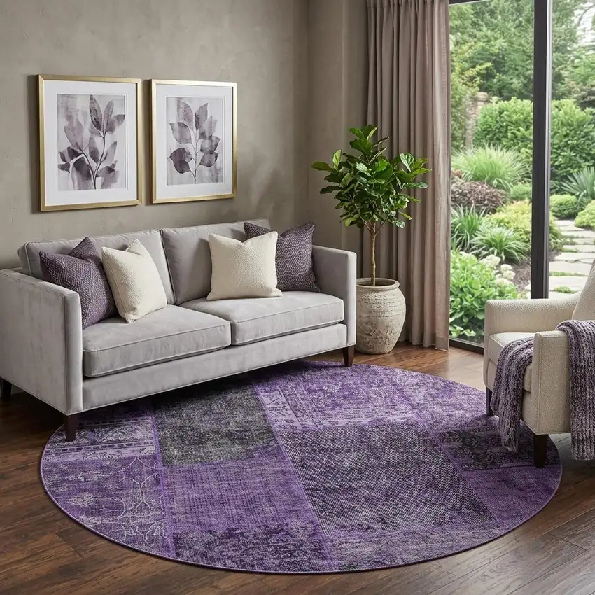 8' Eggplant And Gray Patchwork Washable Round Rug With UV Protection Photo 1