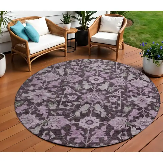 8' Eggplant And Gray Round Floral Washable Indoor Outdoor Area Rug Photo 1