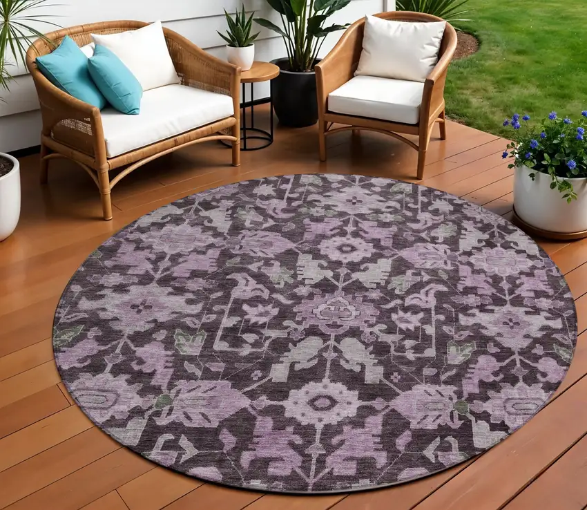 8' Eggplant And Gray Round Floral Washable Indoor Outdoor Area Rug Photo 1