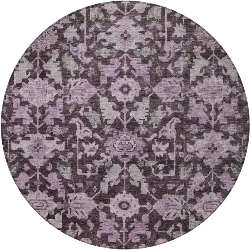 8' Eggplant And Gray Round Floral Washable Indoor Outdoor Area Rug Photo 3