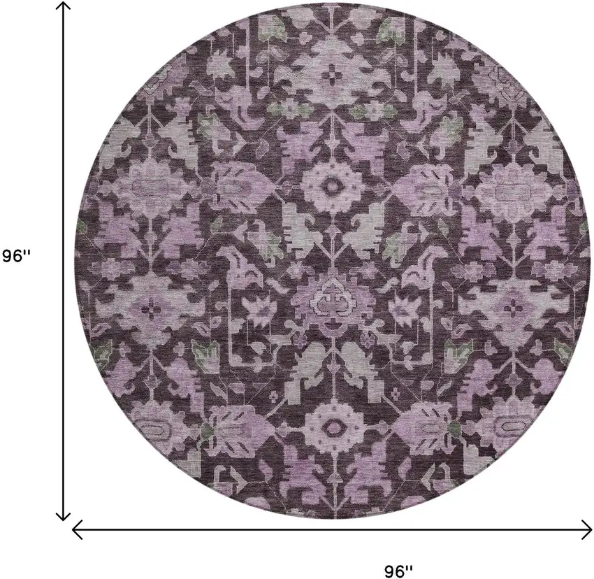 8' Eggplant And Gray Round Floral Washable Indoor Outdoor Area Rug Photo 3