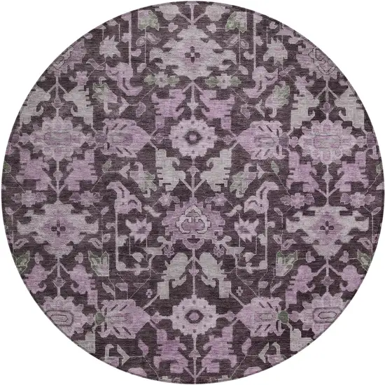 8' Eggplant And Gray Round Floral Washable Indoor Outdoor Area Rug Photo 1