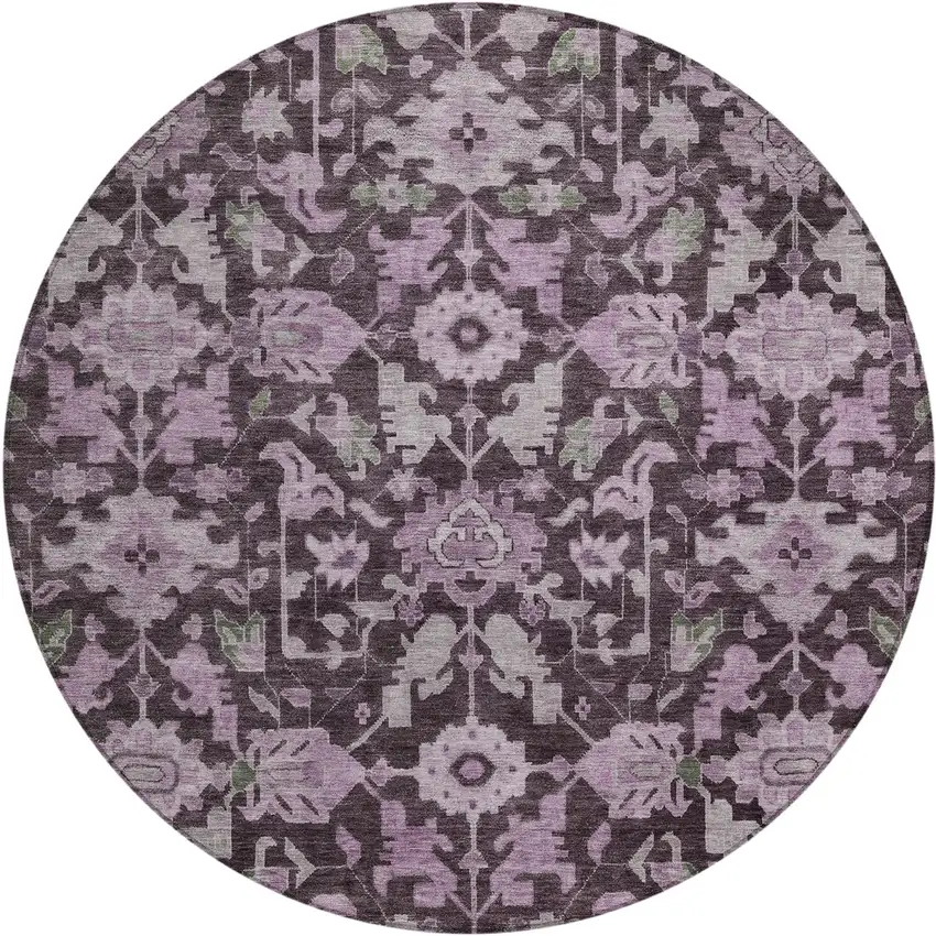8' Eggplant And Gray Round Floral Washable Indoor Outdoor Area Rug Photo 1