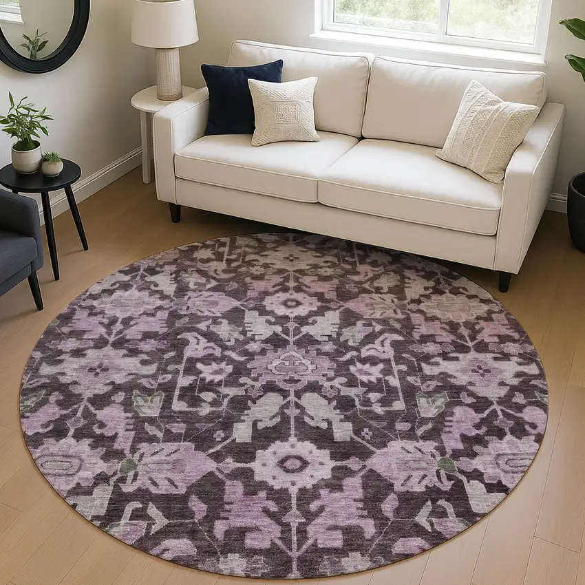 8' Eggplant And Gray Round Floral Washable Indoor Outdoor Area Rug Photo 5