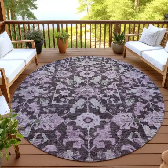 8' Eggplant And Gray Round Floral Washable Indoor Outdoor Area Rug Photo 4