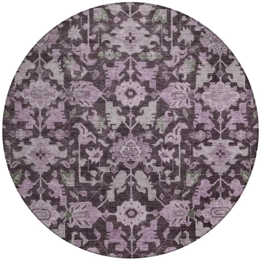 8' Eggplant And Gray Round Floral Washable Indoor Outdoor Area Rug Photo 2