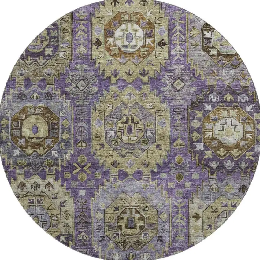 8' Eggplant And Green Medallion Washable Round Rug With UV Protection Photo 4