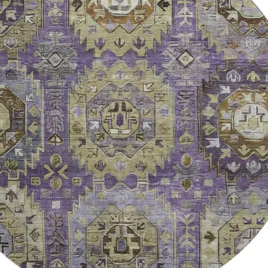 8' Eggplant And Green Medallion Washable Round Rug With UV Protection Photo 3
