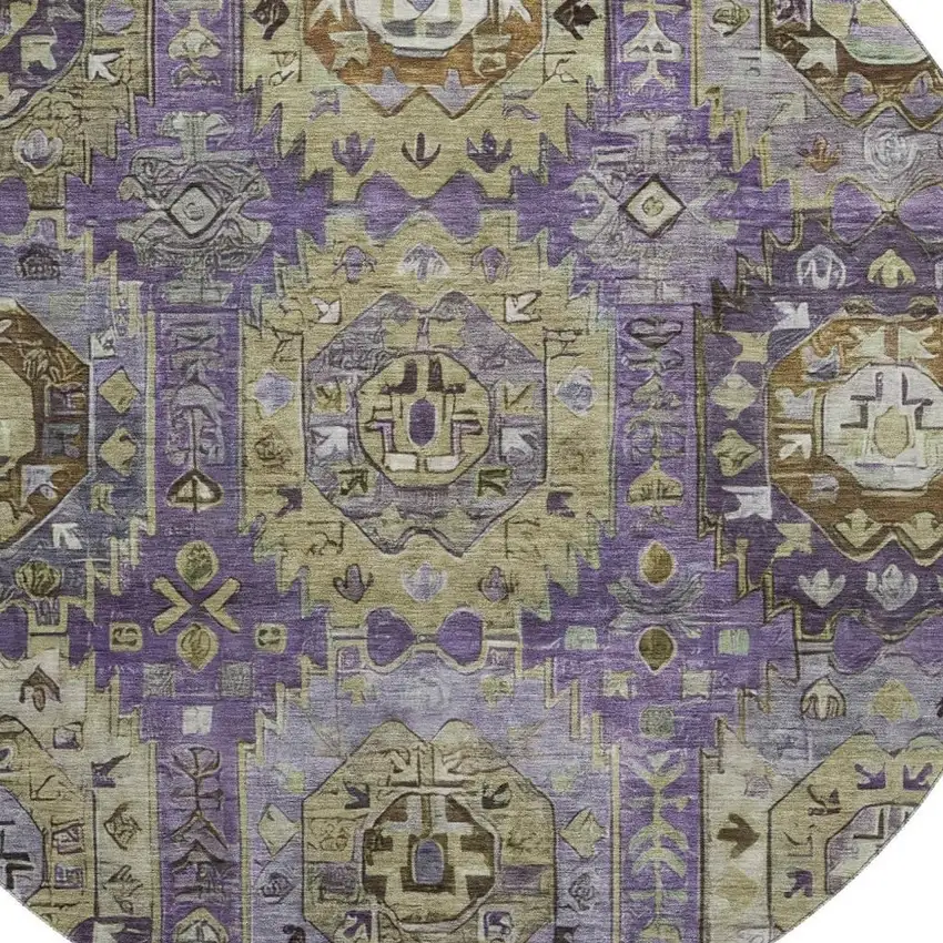 8' Eggplant And Green Medallion Washable Round Rug With UV Protection Photo 3