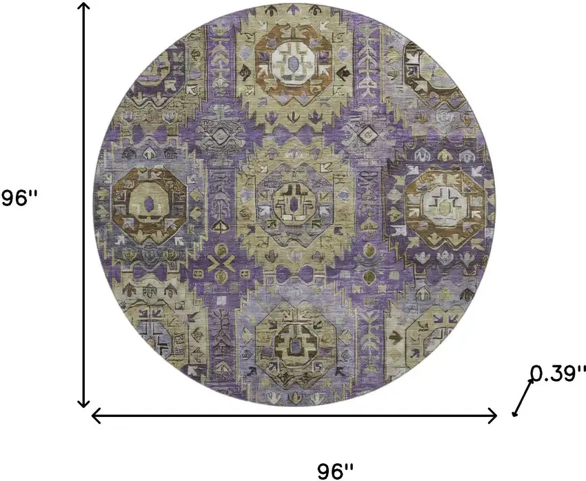 8' Eggplant And Green Medallion Washable Round Rug With UV Protection Photo 8