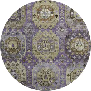 Photo of 8' Eggplant And Green Medallion Washable Round Rug With UV Protection