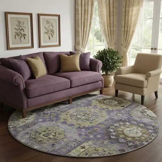 8' Eggplant And Green Medallion Washable Round Rug With UV Protection Photo 2