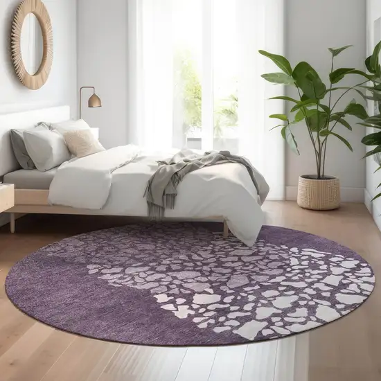 8' Eggplant And Ivory Abstract Washable Round Rug With UV Protection Photo 4