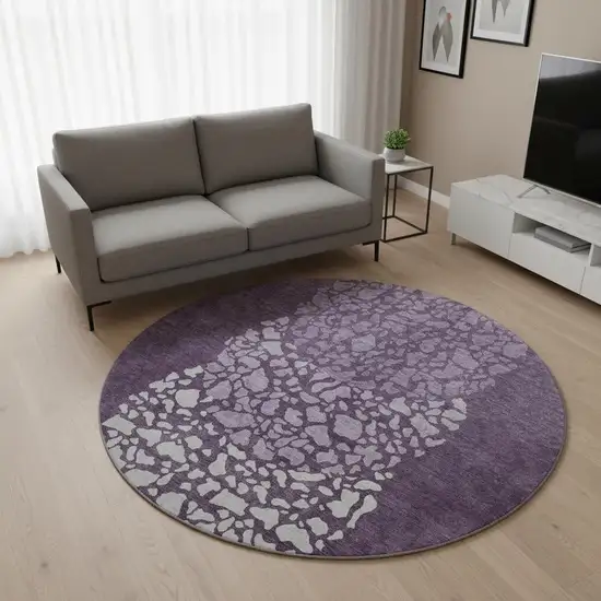 8' Eggplant And Ivory Abstract Washable Round Rug With UV Protection Photo 2