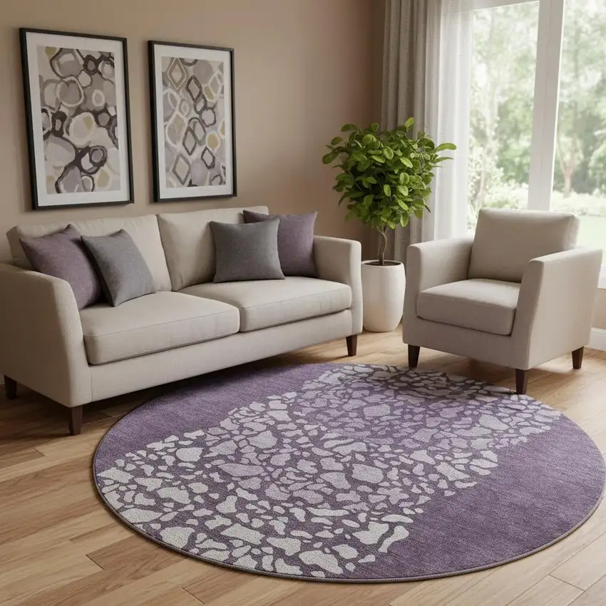 8' Eggplant And Ivory Abstract Washable Round Rug With UV Protection Photo 1