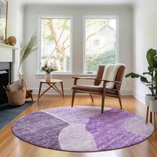 8' Eggplant And Ivory Abstract Washable Round Rug With UV Protection Photo 4