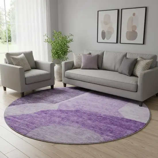 8' Eggplant And Ivory Abstract Washable Round Rug With UV Protection Photo 1