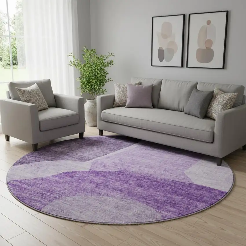 8' Eggplant And Ivory Abstract Washable Round Rug With UV Protection Photo 1