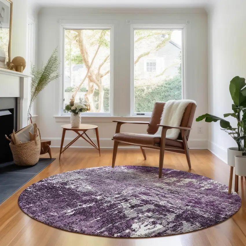 8' Eggplant And Ivory Abstract Washable Round Rug With UV Protection Photo 5