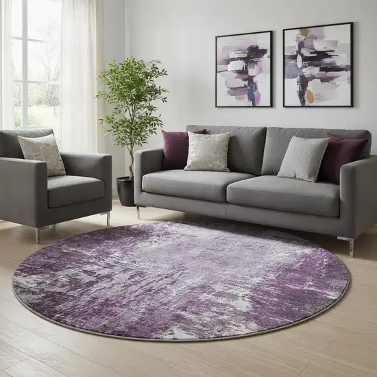 8' Eggplant And Ivory Abstract Washable Round Rug With UV Protection Photo 1