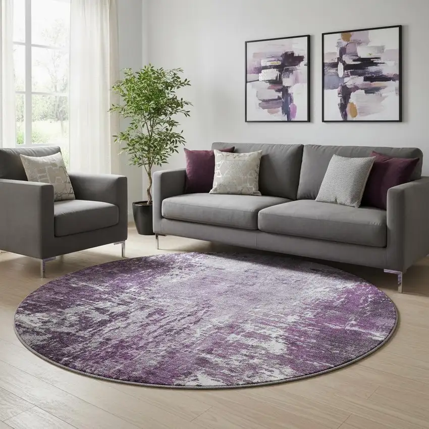 8' Eggplant And Ivory Abstract Washable Round Rug With UV Protection Photo 1