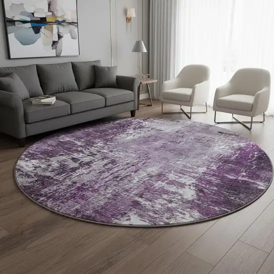 8' Eggplant And Ivory Abstract Washable Round Rug With UV Protection Photo 2