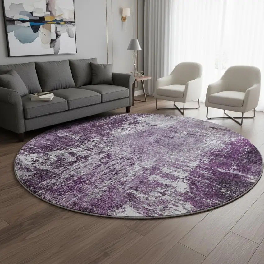 8' Eggplant And Ivory Abstract Washable Round Rug With UV Protection Photo 2