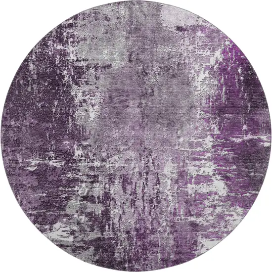 8' Eggplant And Ivory Abstract Washable Round Rug With UV Protection Photo 1