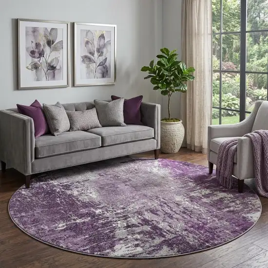 8' Eggplant And Ivory Abstract Washable Round Rug With UV Protection Photo 1