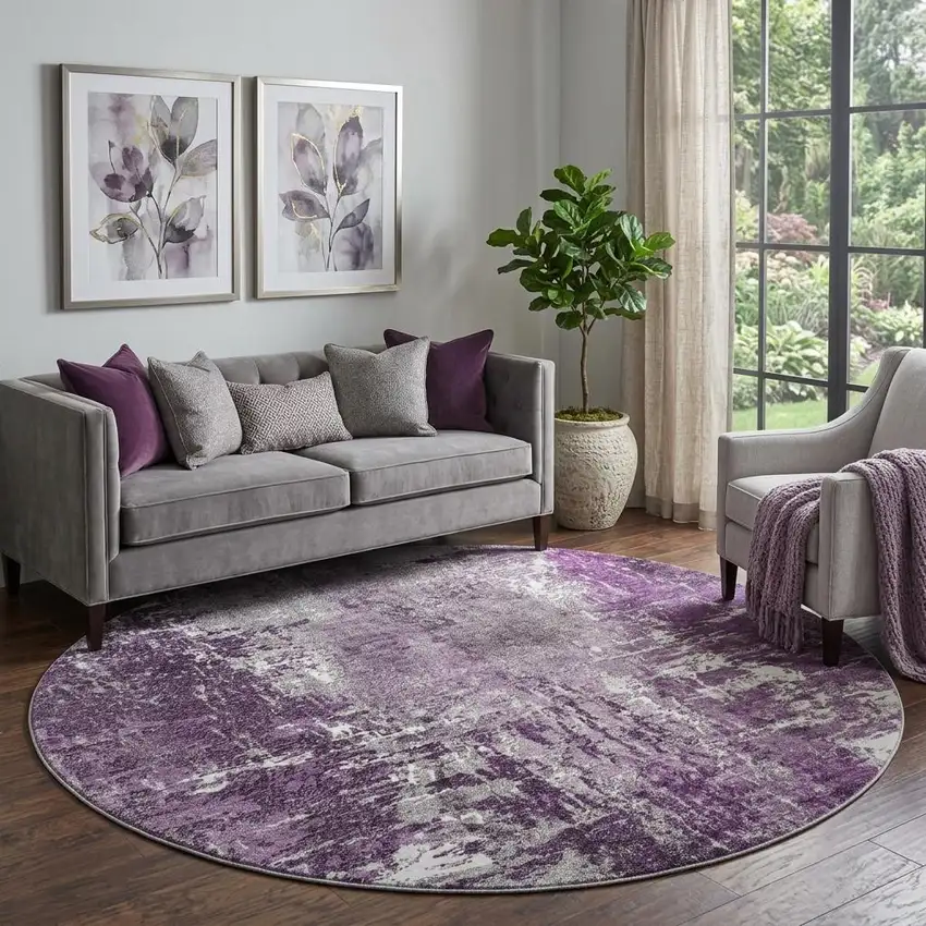 8' Eggplant And Ivory Abstract Washable Round Rug With UV Protection Photo 1