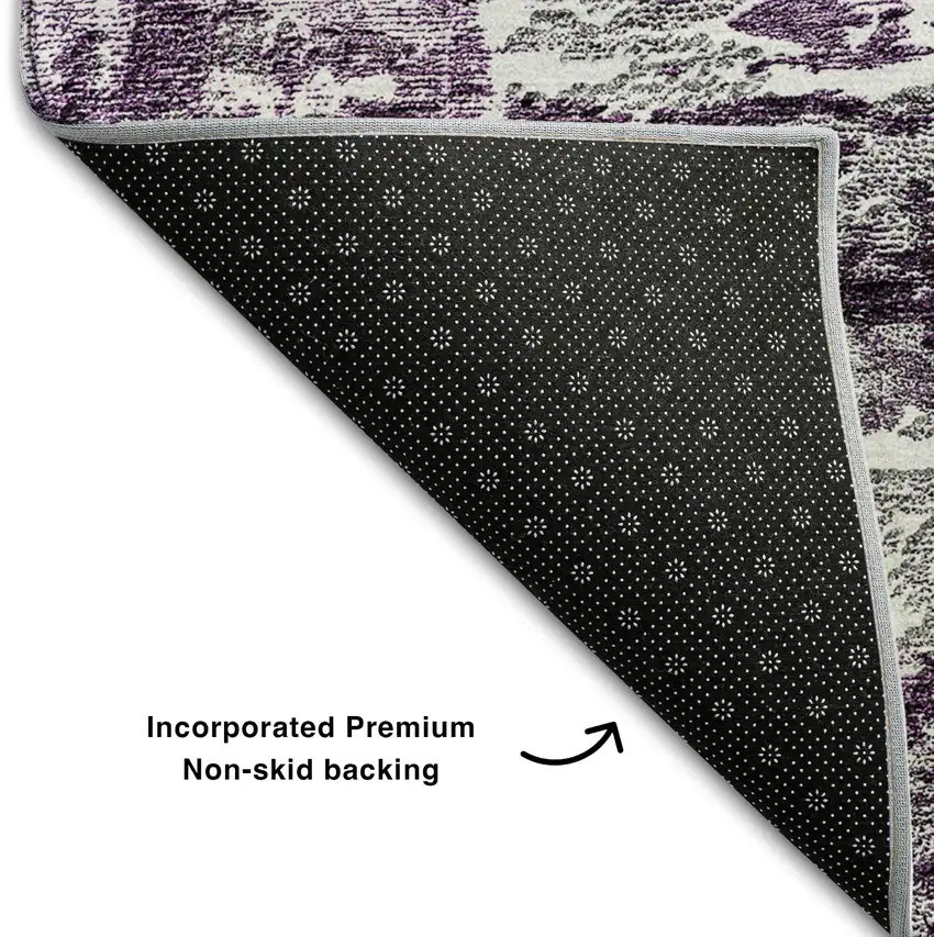 8' Eggplant And Ivory Abstract Washable Round Rug With UV Protection Photo 7