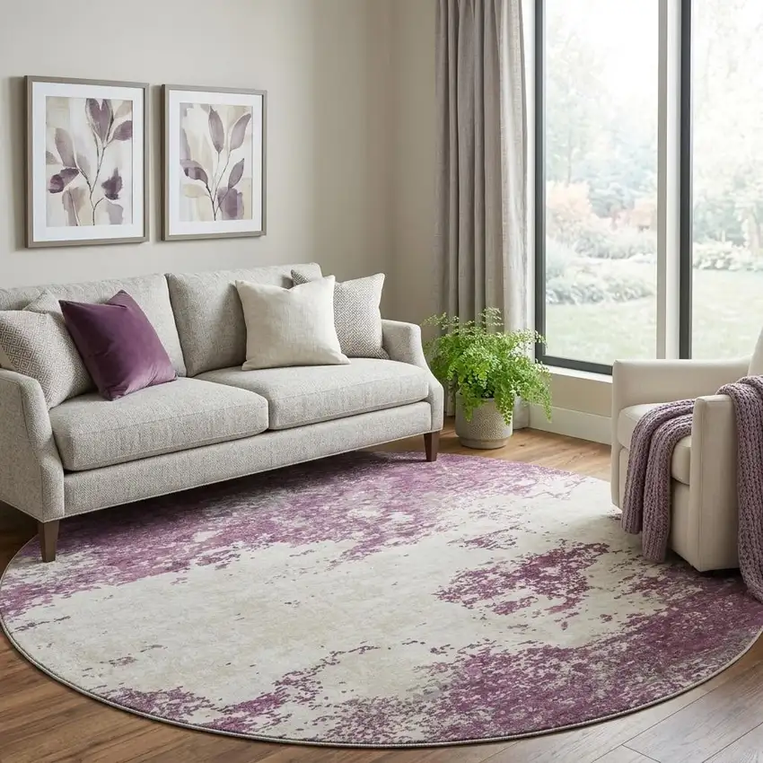 8' Eggplant And Ivory Abstract Washable Round Rug With UV Protection Photo 1