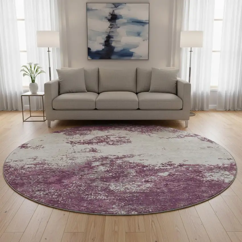 8' Eggplant And Ivory Abstract Washable Round Rug With UV Protection Photo 2