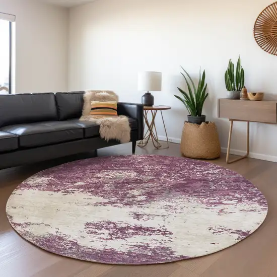 8' Eggplant And Ivory Abstract Washable Round Rug With UV Protection Photo 4