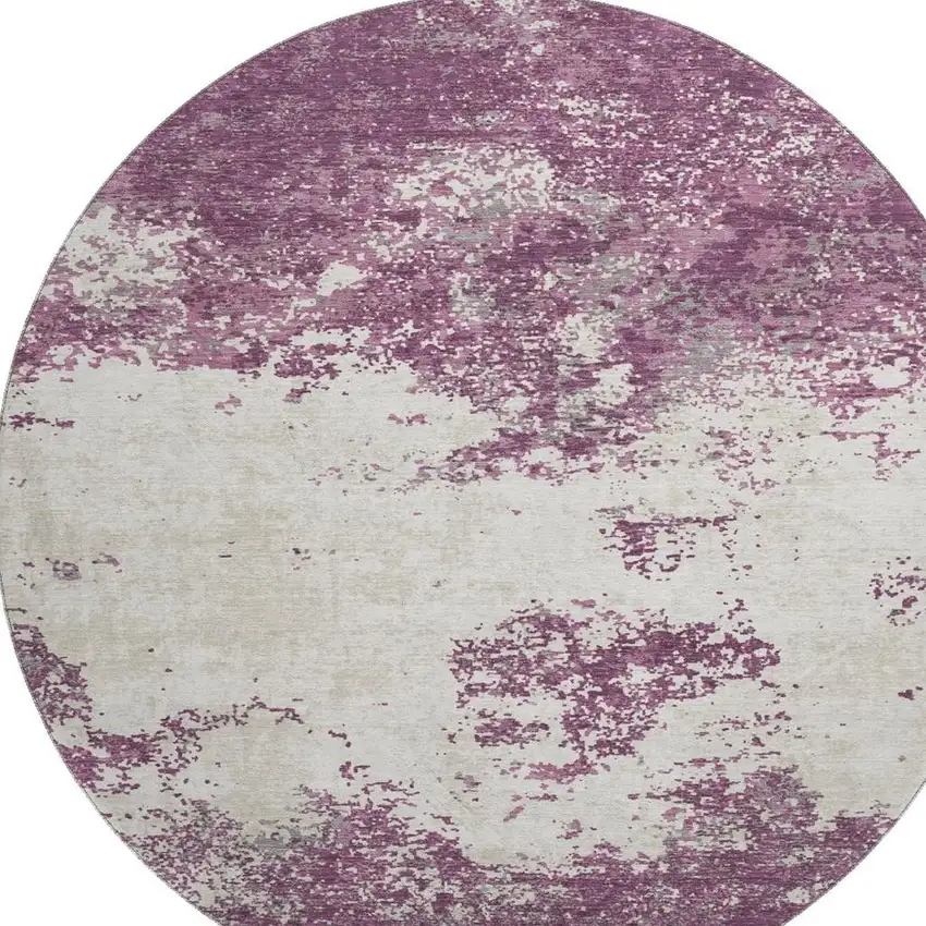 8' Eggplant And Ivory Abstract Washable Round Rug With UV Protection Photo 3