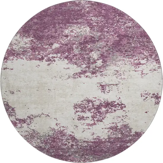 8' Eggplant And Ivory Abstract Washable Round Rug With UV Protection Photo 1