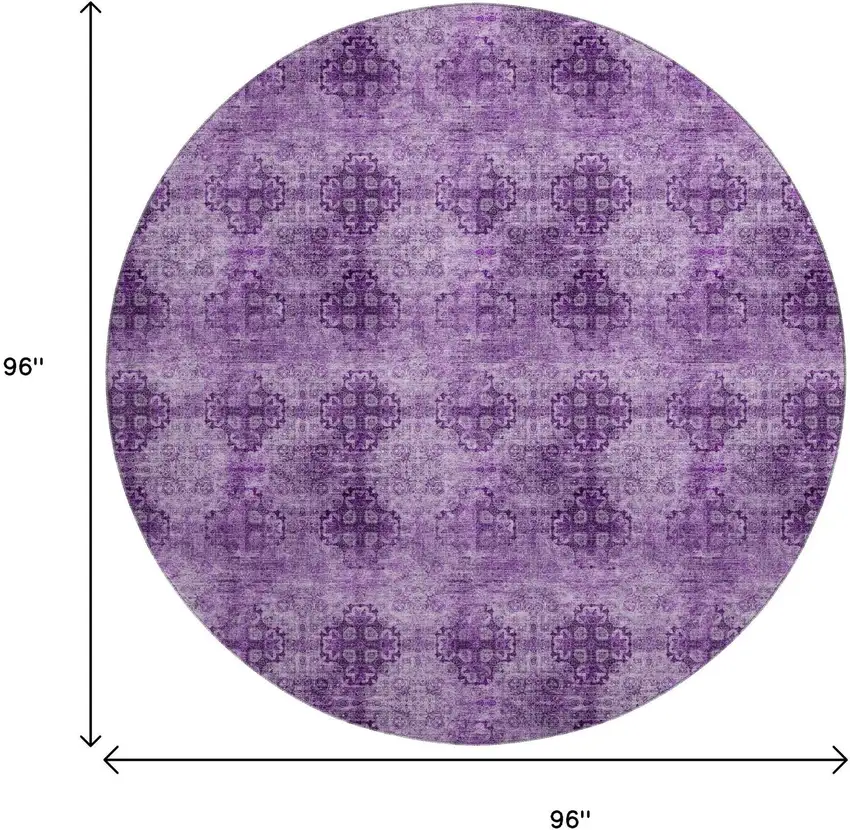 8' Eggplant And Ivory Floral Medallion Distressed Washable Round Rug With UV Protection Photo 9