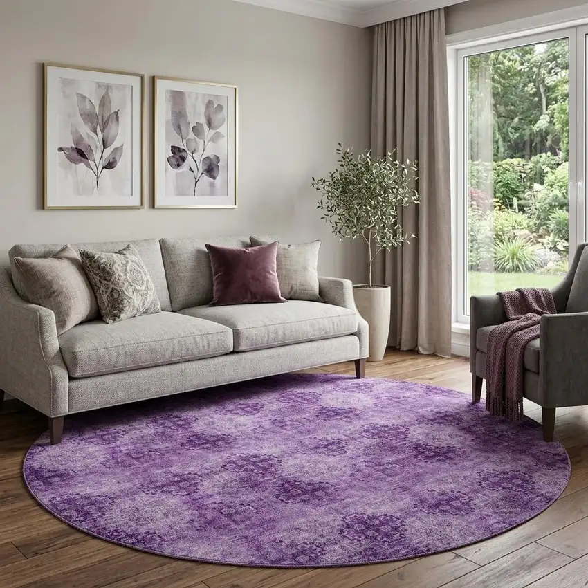 8' Eggplant And Ivory Floral Medallion Distressed Washable Round Rug With UV Protection Photo 1