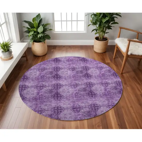 8' Eggplant And Ivory Floral Medallion Washable Round Rug With UV Protection Photo 2