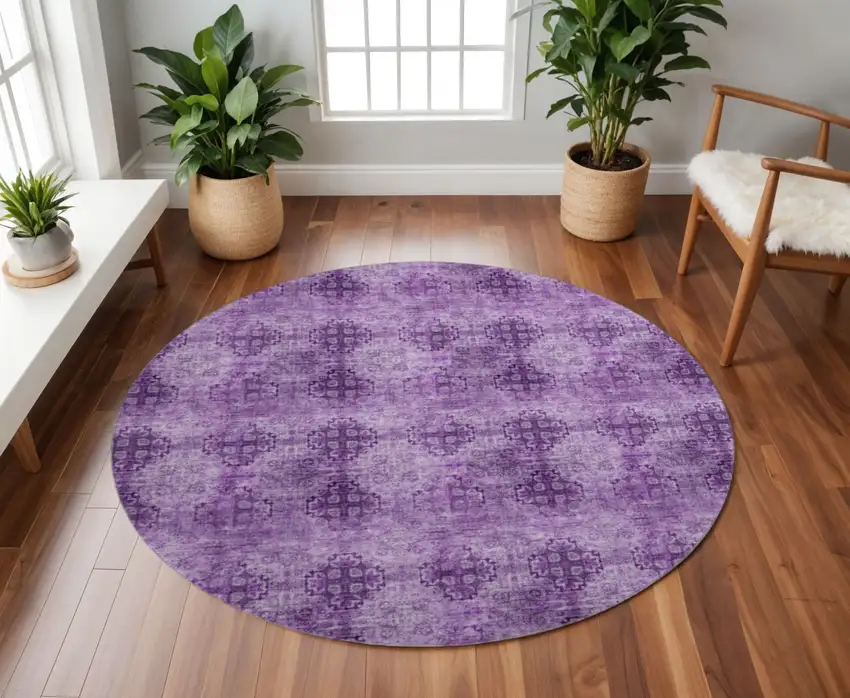 8' Eggplant And Ivory Floral Medallion Washable Round Rug With UV Protection Photo 2