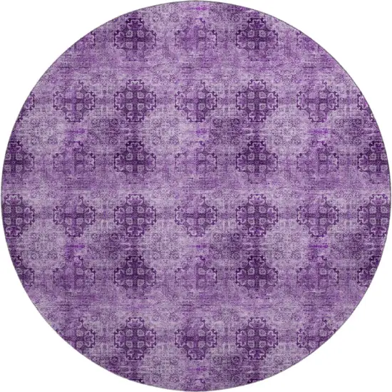 8' Eggplant And Ivory Floral Medallion Washable Round Rug With UV Protection Photo 1